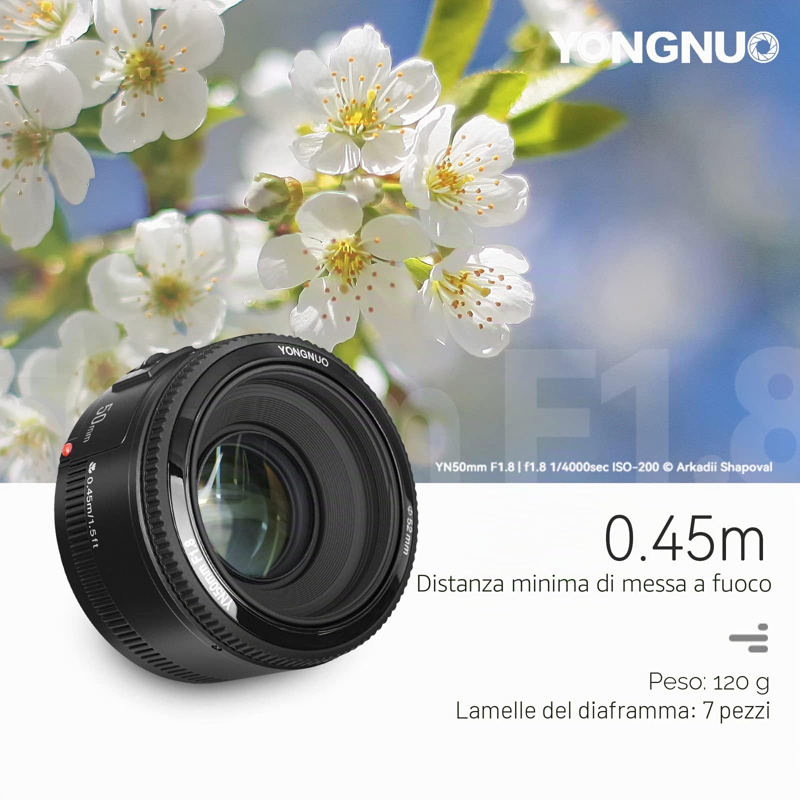 Yongnuo YN50MM Canon - Obiettivo f/1.8, 46°, ø 52 mm, colore: Nero