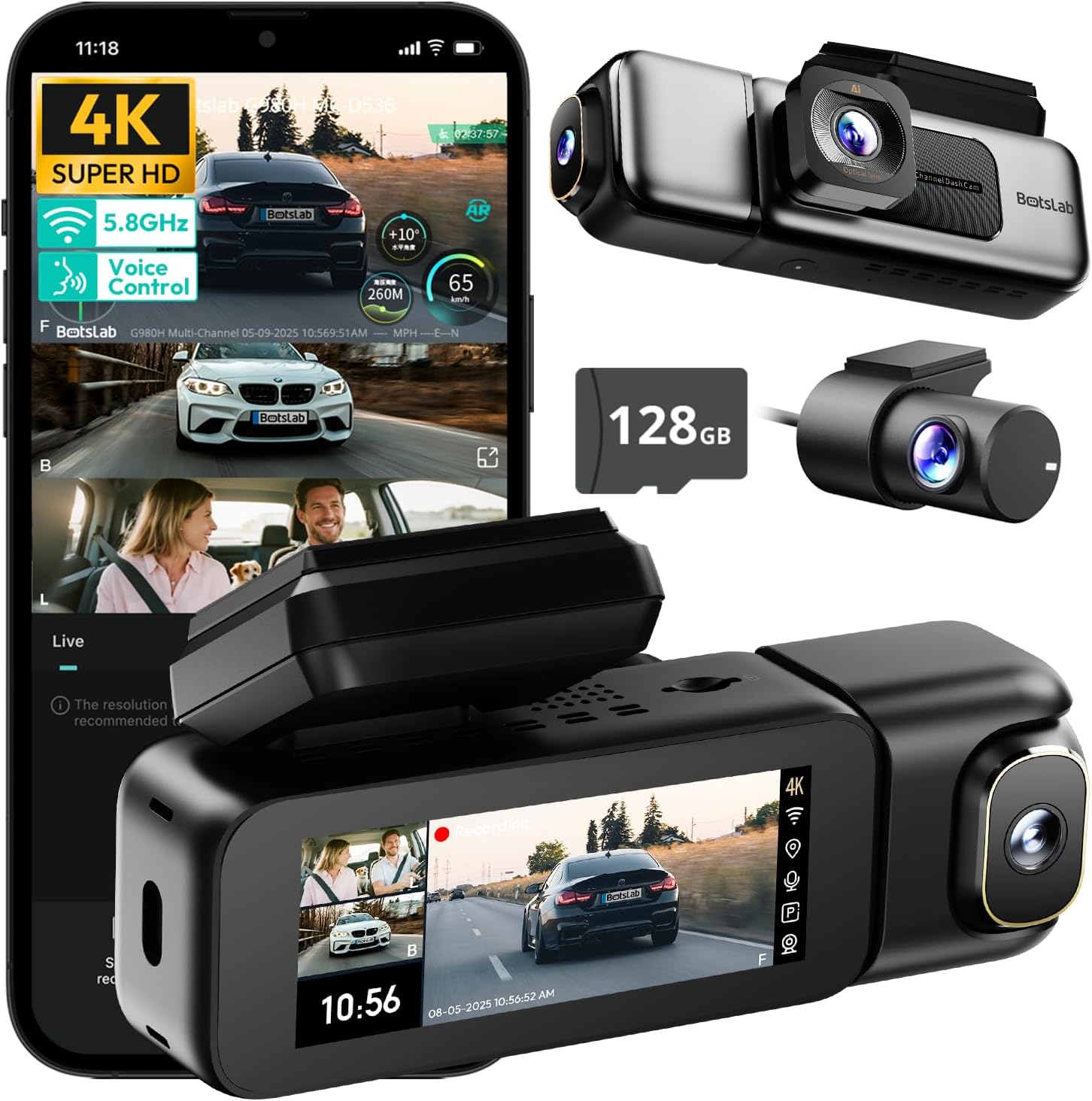 BOTSLAB à 3 Canaux 4K Dashcam Voiture,Triple caméra embarquée, 128 GB Carte