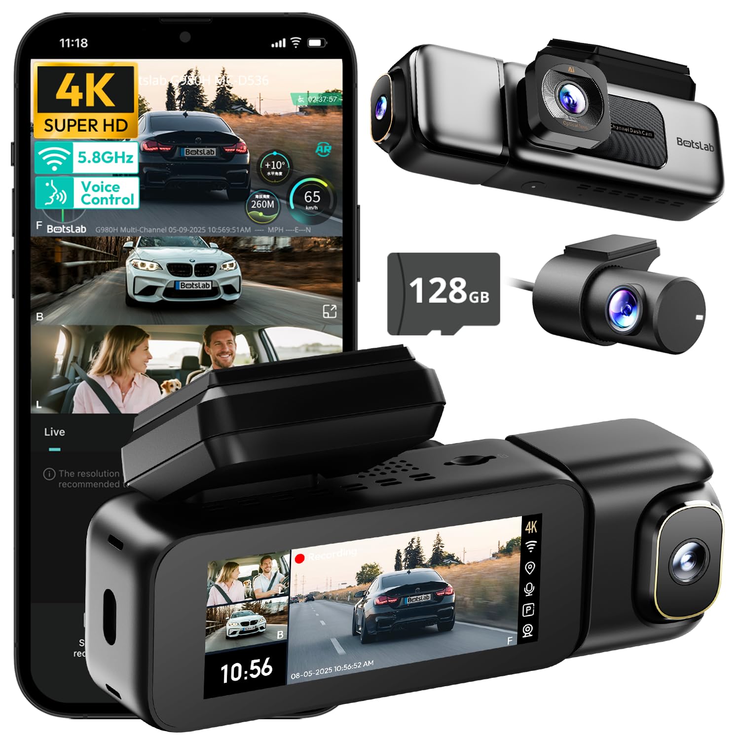 BOTSLAB Cámara para salpicadero 4K de 3 Canales, cámara para salpicadero Triple con Control por Voz, Pantalla táctil de 3,18 Pulgadas, Modo de estacionamiento 24/7, Tarjeta 128 GB incluida.