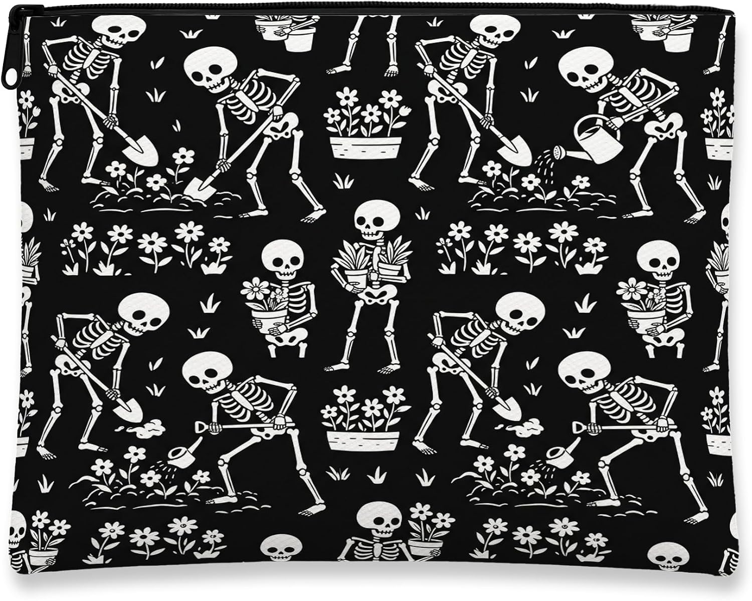 Skeleton Canvas with Zipper, Fanciful Playful Flower Pot Halloween Black Canvas with Zipper Travel Makeup Bag for Travel, Bathroom, Vanity, Purse Storage and Gifts 7x9 Inch