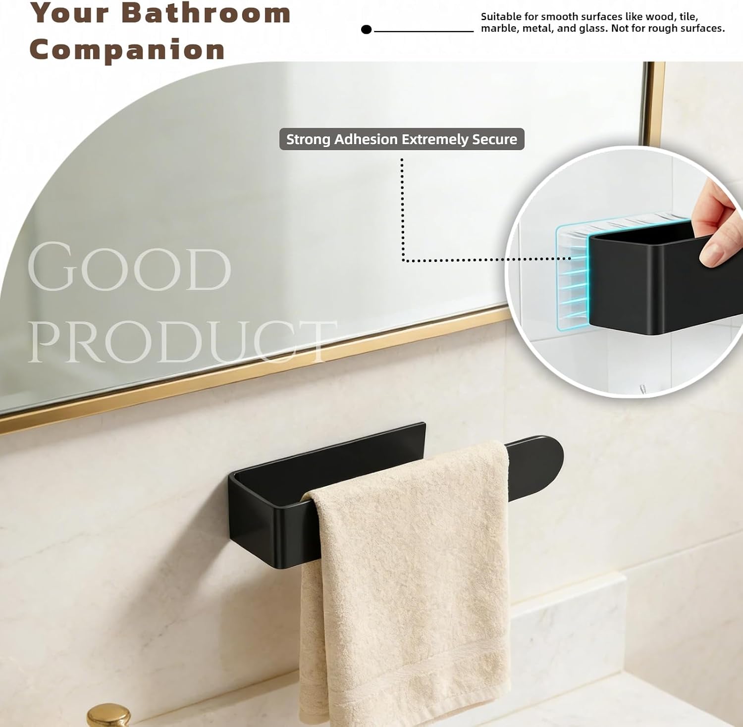 2Pcs Hand Towel Holder, 8 Inch Bathroom Towel Rack, Self Adhesive Mounted, Black No Drill Square Hand Bar, Stick On for Kitchen Shower Wall Cabinet Bedroom