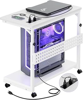 Cyclysio Computer Tower Stand with Charging Station, Adjustable PC Tower Cart with Pegboard, 2-Tier CPU Stand Cart with Mobile Wheels & Adjustable Height Shelf for Computer Desk, Carbon Fiber White