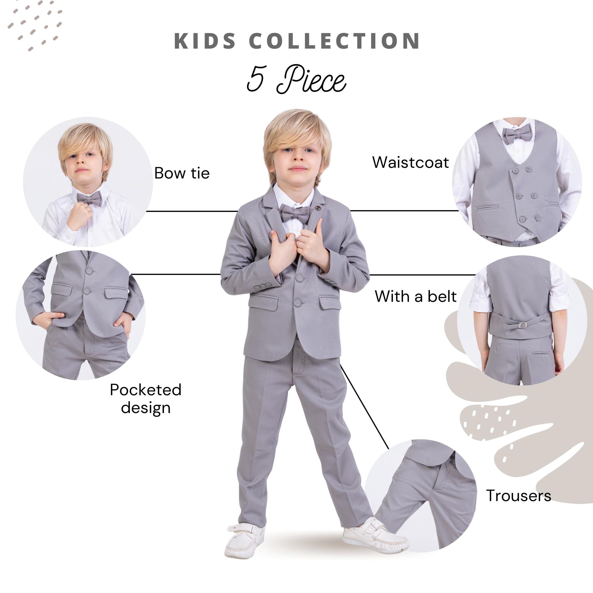 Anzug für Jungen, 5-teiliges Set, Hemd, Hose, Weste, Jacke und Fliege, Party- und formelle Kleidung für Jungen im Alter von 1–13 Jahren