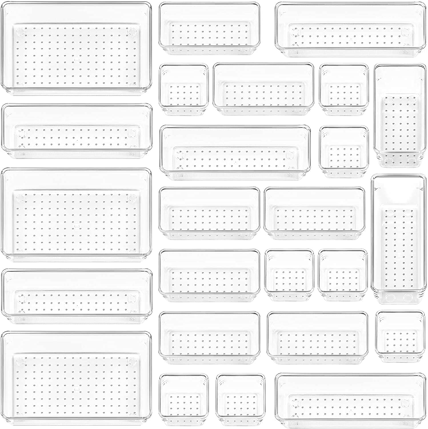 Kienlix Drawer Organizer Set Dresser Desk Drawer Dividers,Multipurpose Plastic Storage Bins For Bathroom Vanity Cosmetic Makeup, Jewelries, Kitchen Gadgets And Office Accessories (25pc Set,Clear)