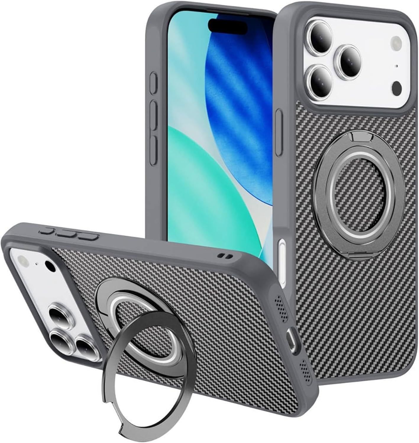 Carbon Fiber Pattern Magnetic Case for iPhone 17/17 Air/17 Pro/17 Pro Max, Slim Cover with Metal Ring Stand & Wireless Charging Support(Gray,17 Pro)