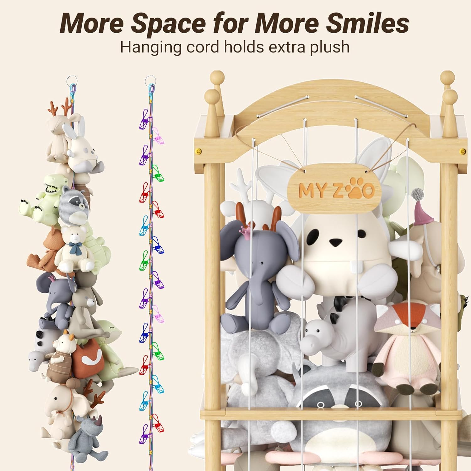 COSYLAND Stuffed Animal Storage Organizer for Kids Room - Large Pine Wood Plush Toy Holder with Elastic Cords & Nameplate - Cute Castle Toy Zoo for Toddler Room & Corner (Colorful Chain)