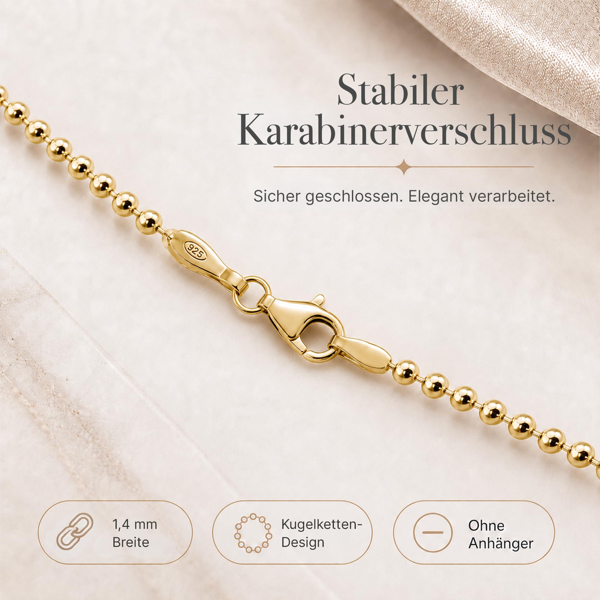 Kugelkette vergoldet 925 Silber Damen 1,4 mm Halskette 101061-5 | goldene Silberkette Gold Kette Goldkettchen in den Längen 42 45 50 60 70 80 90 cm verfügbar