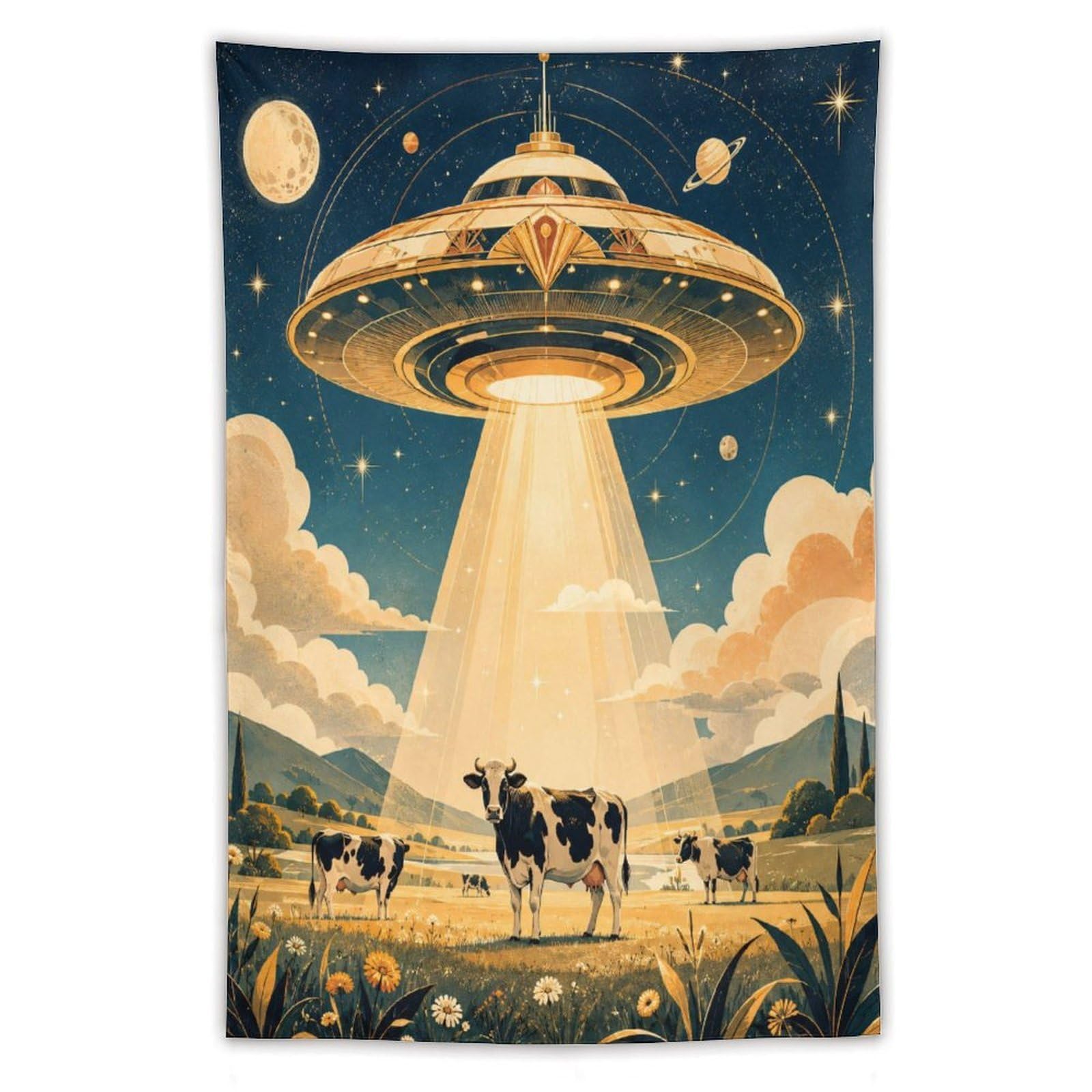H3B8U2Y5 UFO Cattle Cosmic Sky Wall Tapestry, Realistic Illustration