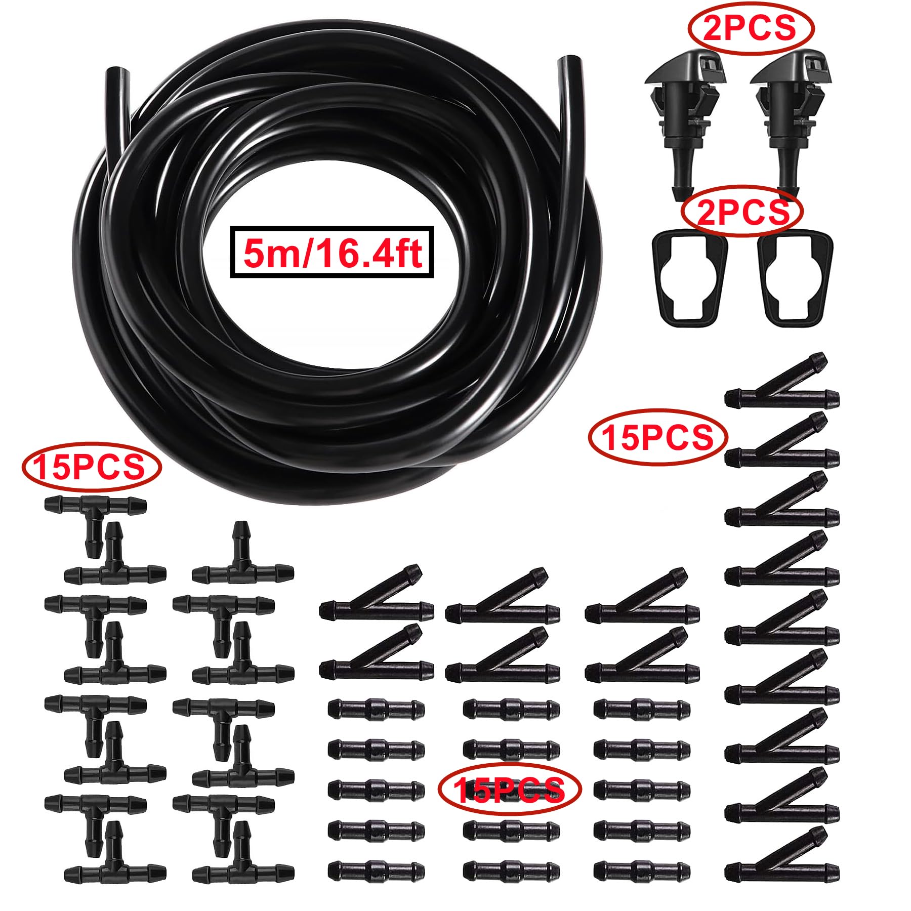 HUAZIZ 5m Tubo Tergicristalli con 45 Pezzi Conettore per Tubi (Tipo Y+I+T)+2 Pcs ugelli lavavetri, Tubi Lavavetri per Parabrezza Dell’auto, Tubo Flessibile per Acqua Tergicristalli, Nero