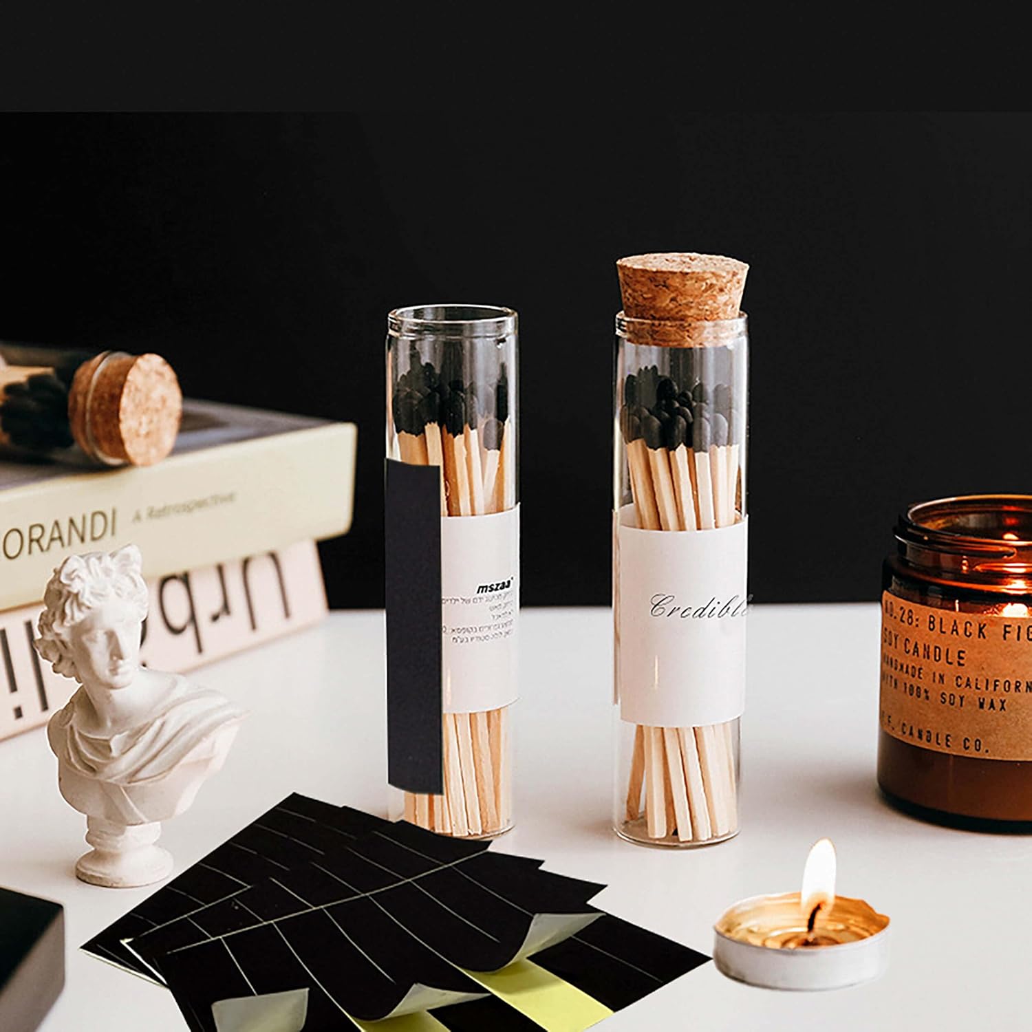 Match Striker Sticker, Black Match Strike Paper with Adhesive Pre, 28 Pieces - Cut in Rectangular for for Safety Matches in Bell Jar (Pure Black)