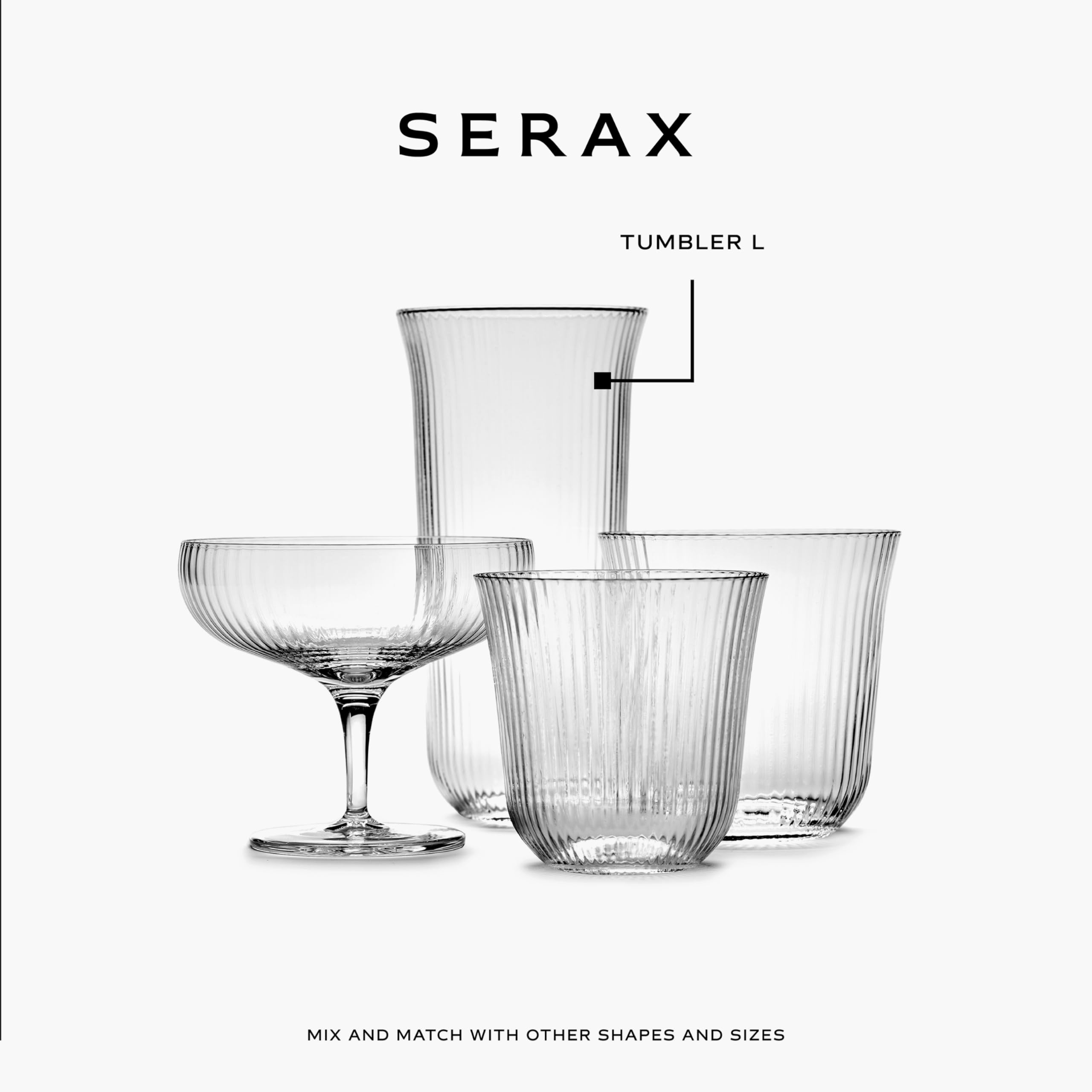 Serax Longdrink Trinkgläser, 4er-Set, Inku-Gläser von Sergio Herman, klare, gerippte Wasserglasbecher ohne Deckel, Essentials, Küchenset für Bier, Saft, Kaffeezubehör