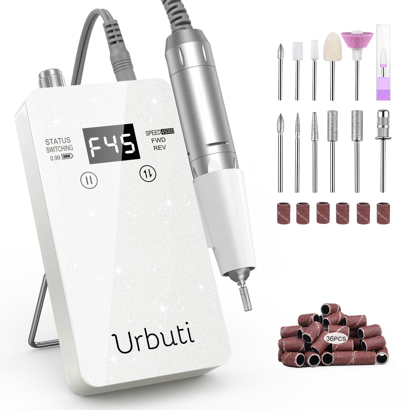 Fresa per Unghie Professionale Nail Drill 4000mAh 45000 Giri Velocita Variabile Mango Alluminio Vetro Temperato Include Frese e Supporto Per Unghie Acriliche e Gel Uso in Salone e Casa(Bianco)