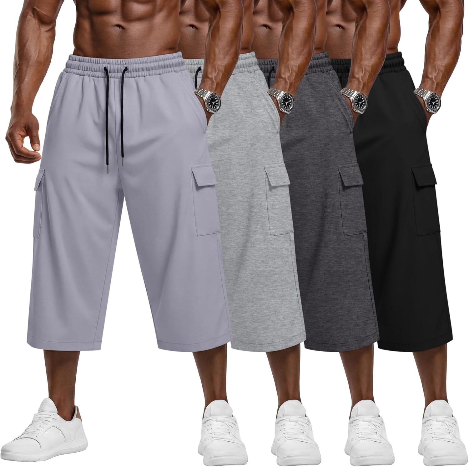 August Alley 4 Pack Mens' Cargo Capri Pants Big and Tall Baggy Sweat Shorts Below Knee Sweatpants 3/4 Pants with Pockets