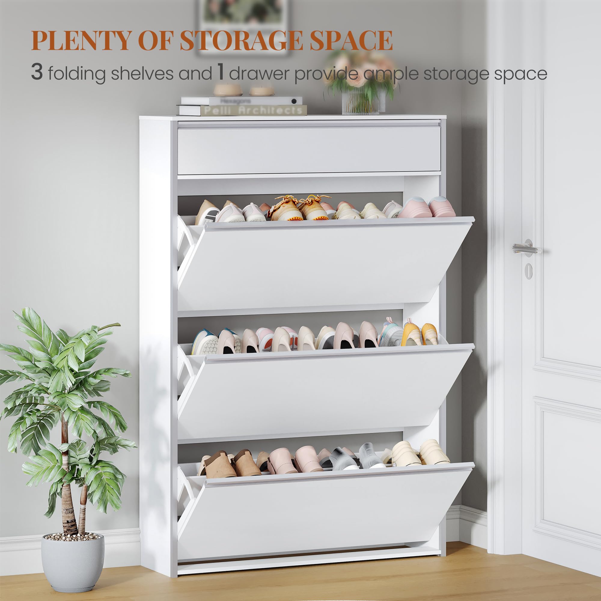 HEXCELEN Armario Zapatero Estrecho con 3 Puertas Abatibles, Zapatero con Cajón, Divisor Ajustable y Desmontable, para 18-24 Pares, para Pasillo, Entrada, 80 x 24 x 137,5 cm, Blanco-Plata