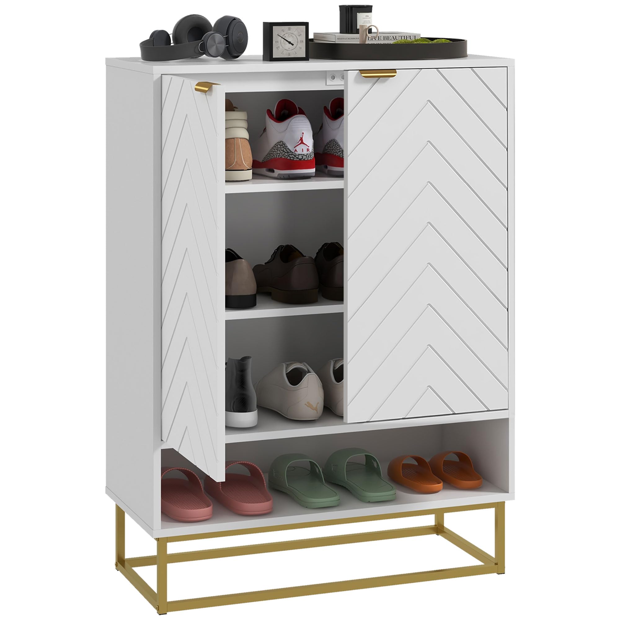 HOMCOM Shoe Cabinet 12 Pairs Shoe Storage Cabinet 2 Chevron Doors White