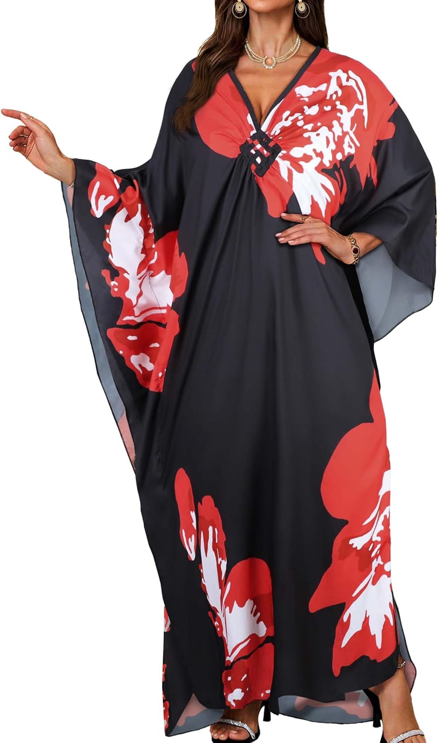 Kaftan Dresses for Women Plus Size V Neck Caftans Long Batwing Sleeve Beach Cover U...