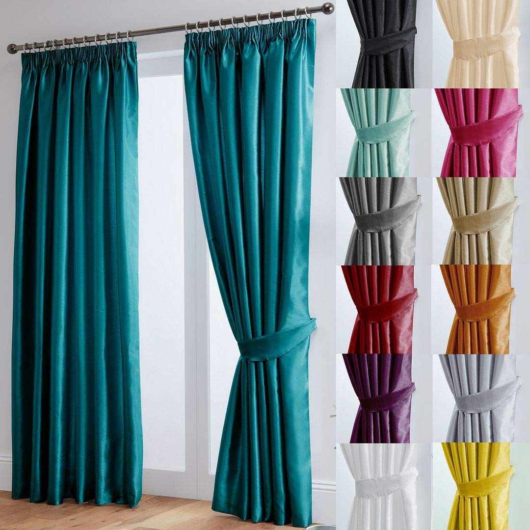 John Aird Luxury Faux Silk Fully Lined Pencil Pleat Curtains With Matching Tie Backs (Teal, 168cm Width x 183cm Drop (66"x72")