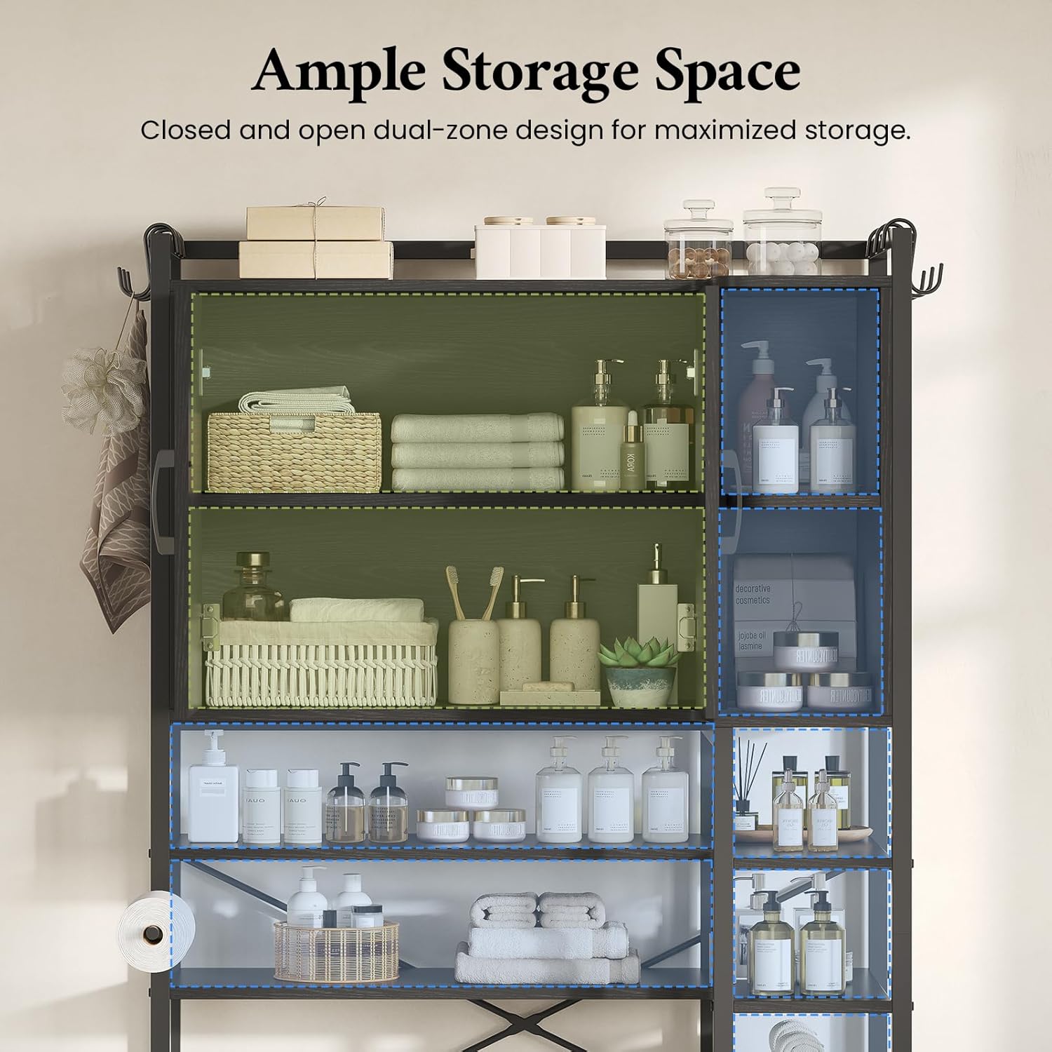 8-Tier Over The Toilet Storage Cabinet with 2 Large Drawers & Metal Stand, Bathroom Storage Cabinet with Toilet Paper Holder, Over Toilet Bathroom Organizer for Bathroom, Laundry Room, Black - Image 4