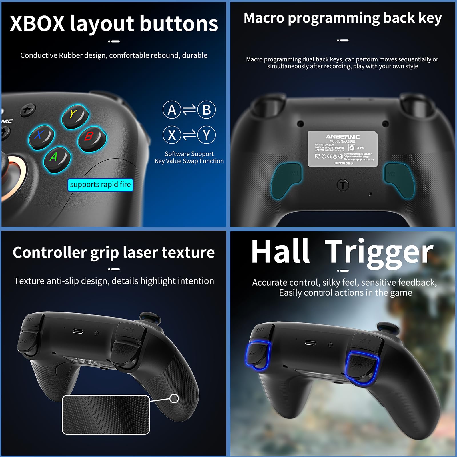RG P01 Manette de jeu sans fil RG P01 Manette de jeu pour PC Plug and Play Manette de jeu avec effet Hall/déclencheurs Joystick RG P01 Manette de jeu Switch/PC/Steam/Android/iOS (Noir)