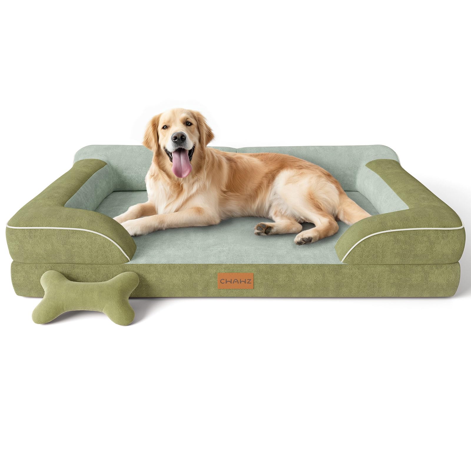 CWAWZ Extra Large Dog Bed, Orthopedic Dog Bed with Cooling Gel Memory Foam, Waterproof XL Pet Bed with Removable Washable Cover, 107x76x24cm Pet Sofa Dutch Velvet with Bone Toy, Dark Green
