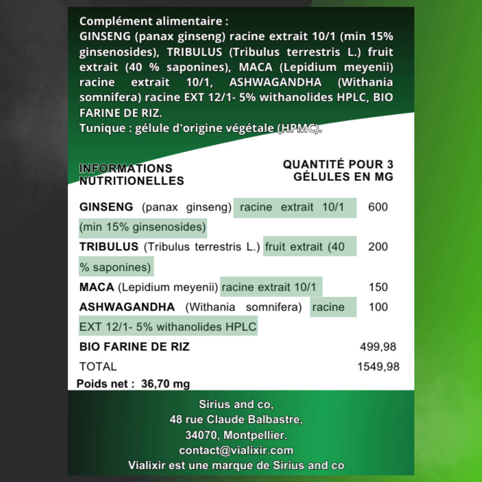 Formule Homme 60 gélules Performance Masculine Circulation Sanguine Endurance Energie avec Tribulus Maca Ginseng Ashwagandha Qualité Française Vialixir
