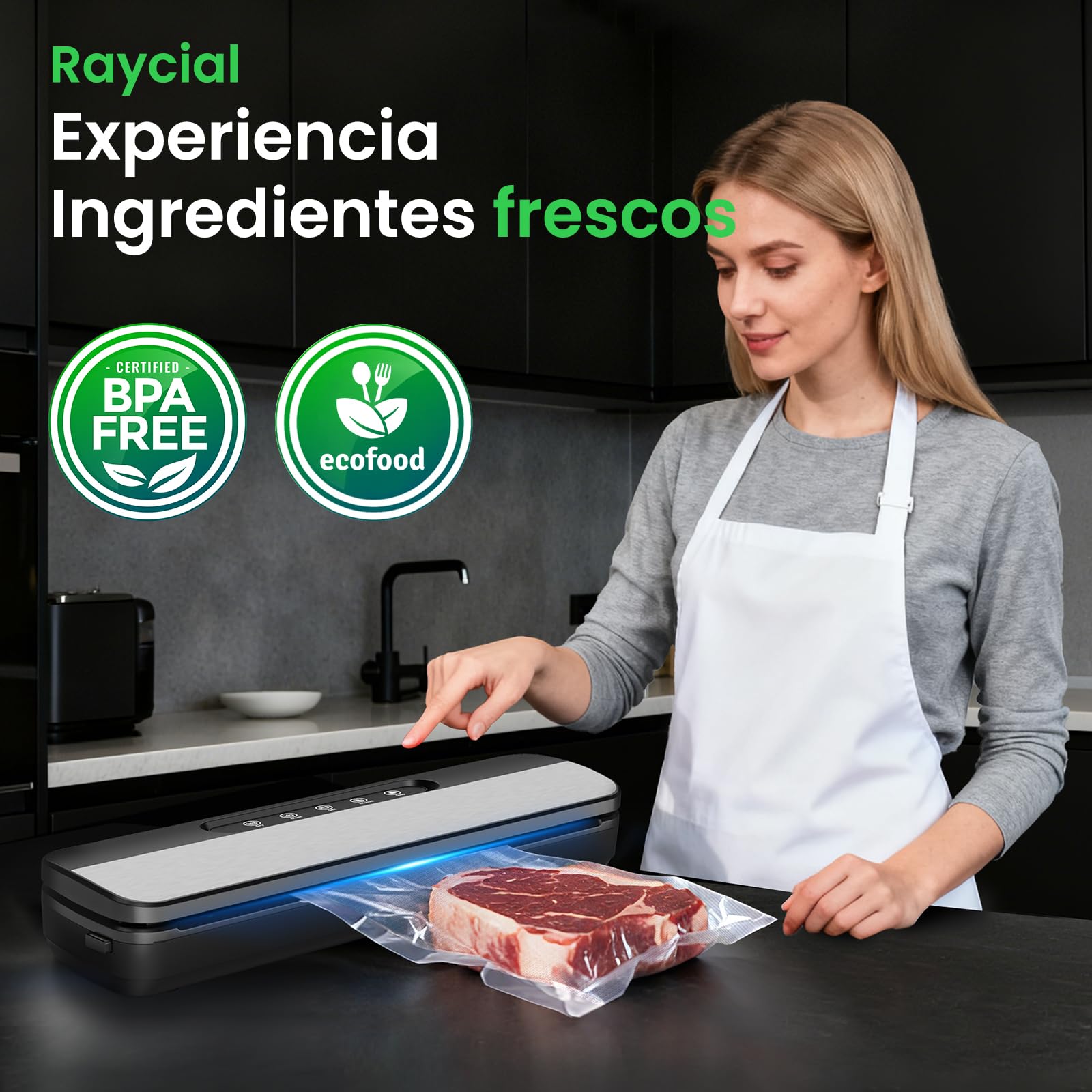 Raycial Envasadora al Vacío, 7 en 1 Envasadora al Vacio Domestica, Para Seco/Húmedo/Conservas, Maquina al Vacio con 10 Bolsas de Vacío, Cortador y Manguera de Extracción