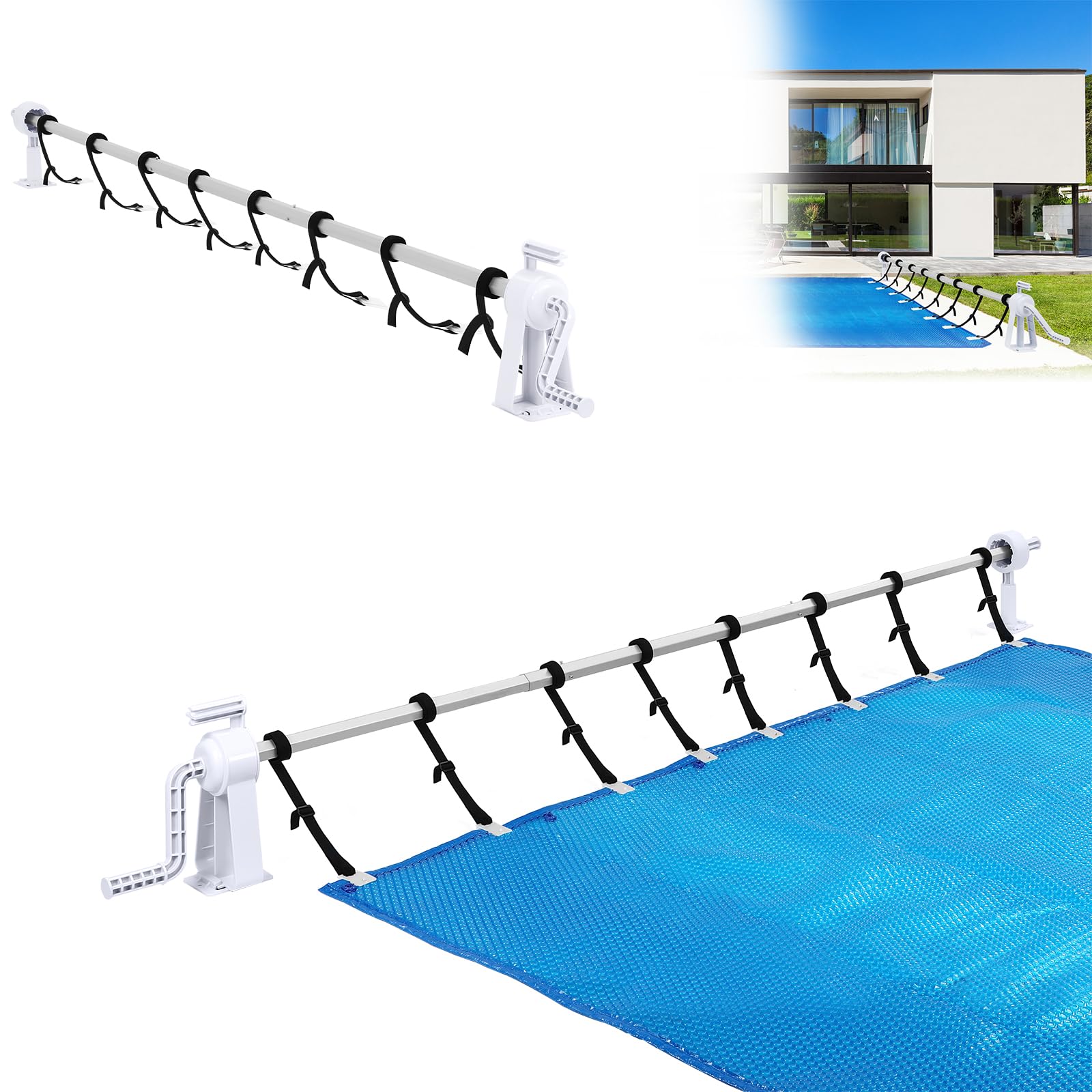 Avvolgitore per piscina Premium 1,05 m-6,15 m, sistema di avvolgimento mobile regolabile per telone solare e copertura, dispositivo di avvolgimento in alluminio con 8 nastri di fissaggio