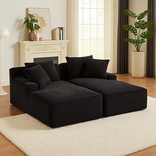Oversized Double Chaise Lounge, Corduroy Boneless Couch, Modern Oversized Chaise Lounge, Upholstered Sleeper Sectional Sofa Daybed with Throw Pillows and Armrest for Living Room, Black