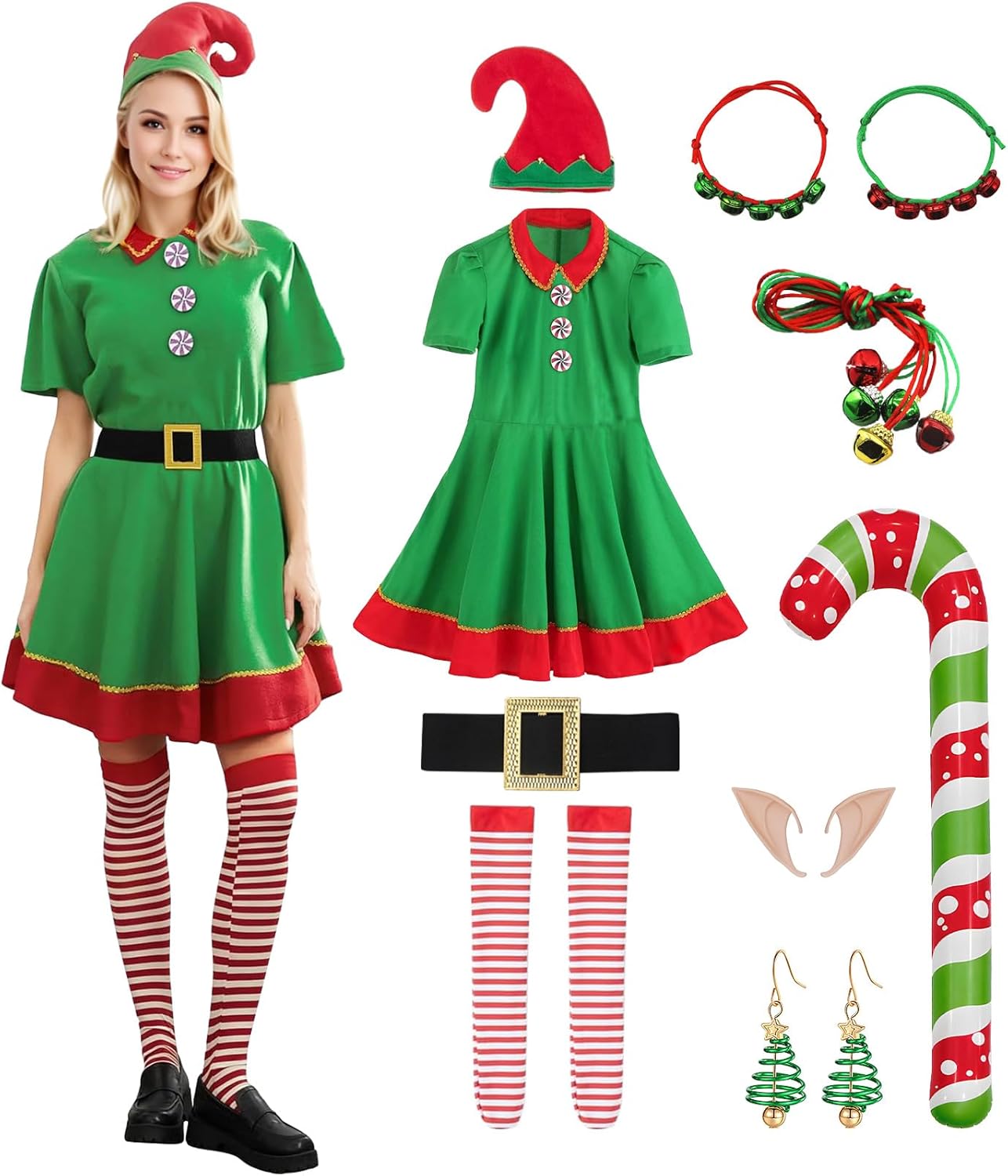 Men Christmas Elf Costume Women Santa's Helpers Dress Outfit Elf Hat Bells Ears Shoes Xmas Fancy for Party Women Medium