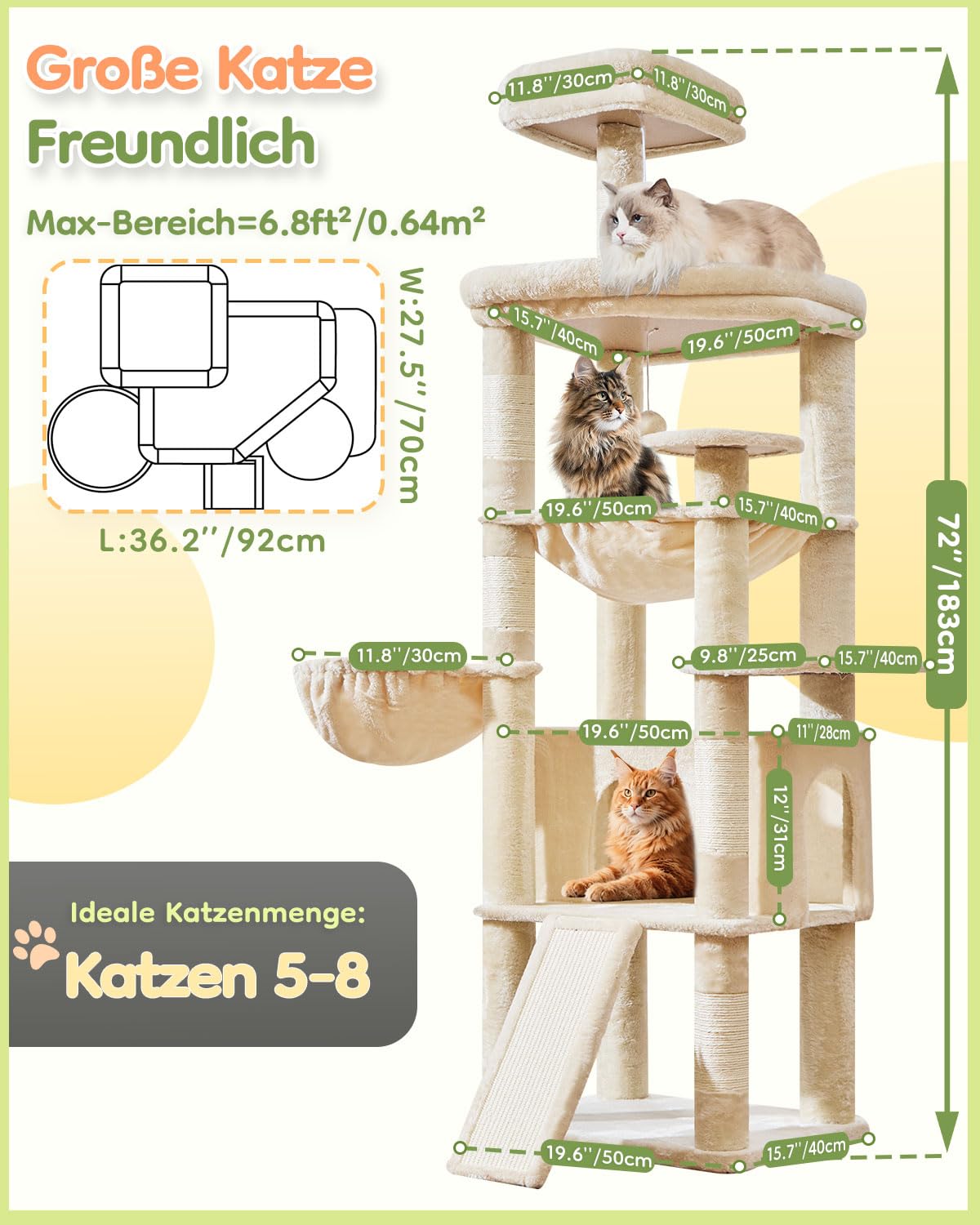 Taoqimiao 183cm Kratzbaum XXL, Großer Katzenbaum Für Große Katzen, MS045M | Stabil, Katzenkratztafel, Mehrstöckig, Einfache Montage, Große Plattform, Katzenhaus, Hängematte, 5 Kratzsäulen, Beige