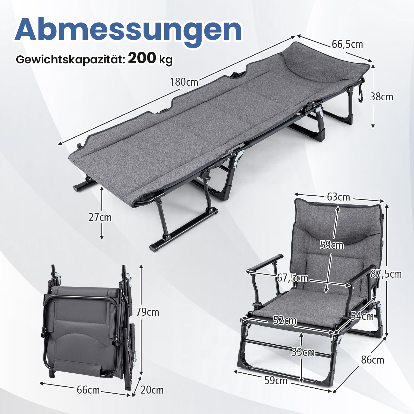 COSTWAY Sonnenliege klappbar, 3 in 1 Gartenliege mit Kopfstütze, Verstellbarer Rückenlehne, Liegestuhl bis 200 kg belastbar, Campingliege, Klappbett für Garten, Camping, Büro