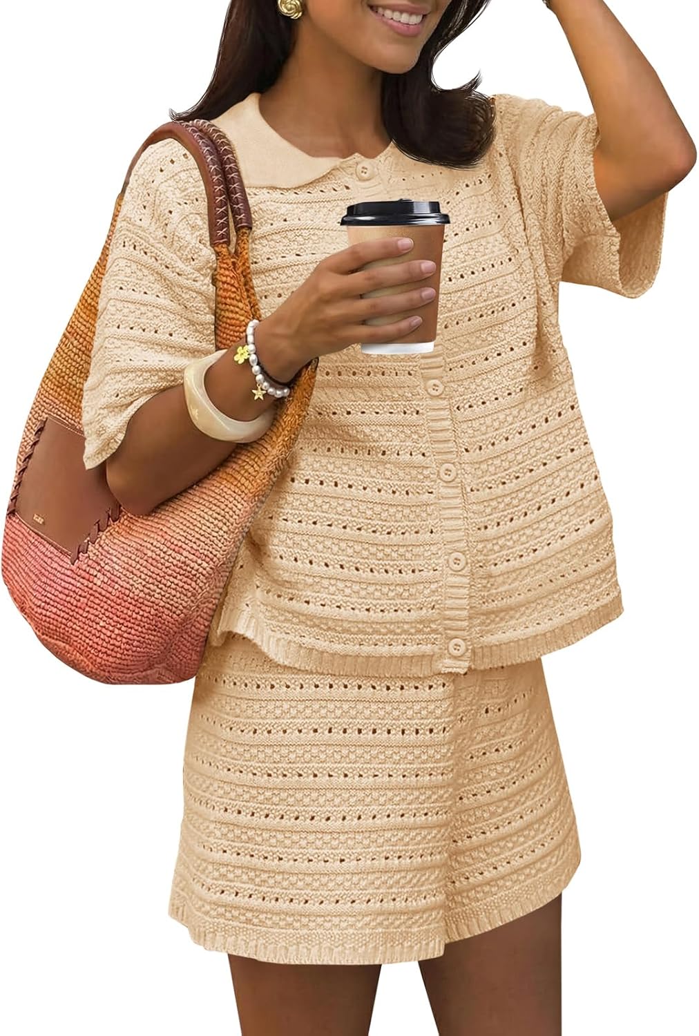 Fisoew Womens 2 Piece Crochet Swimsuit Cover Ups Button Cardigan Loose Knit Shorts Sets Summer Beach Vacation Outfit