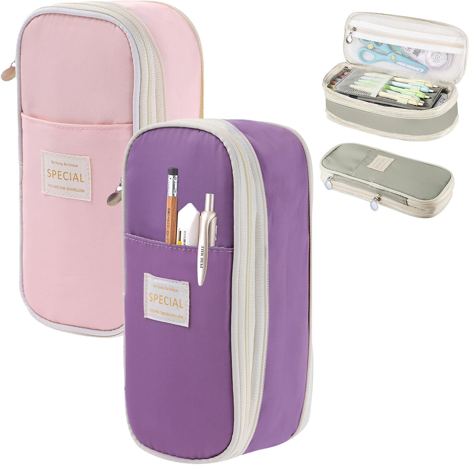 Large Pencil Case Pouch 2-Pack, Big Capacity Pencil Cases Pen Portable Office Stationery Makeup Bag Desk Organizer for College Adults Women Men (Pink+Purple)