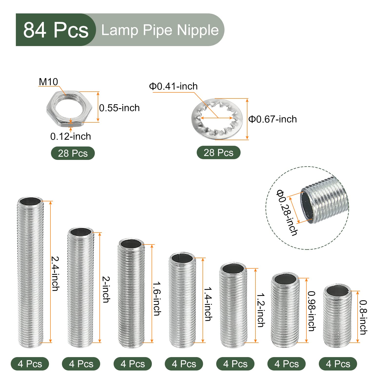 YOKIVE 84 Pack Lamp Pipes Kits, M10 Screws Threaded Hexagon Fastener Assortment with Lock Nuts Teeth Washers - Image 2