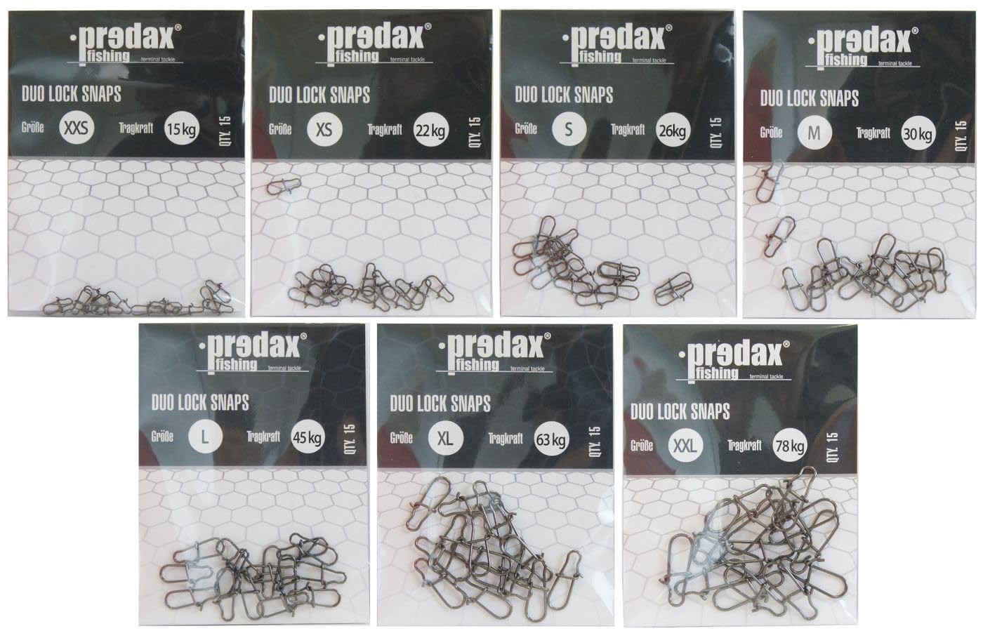Predax Duo Lock Snap, 15 snaps per pesci predatori, gancio per esche artificiali come wobbler, jerkbaits, pesciolini in gomma, frecce, spinner, Gr. XS / 22kg