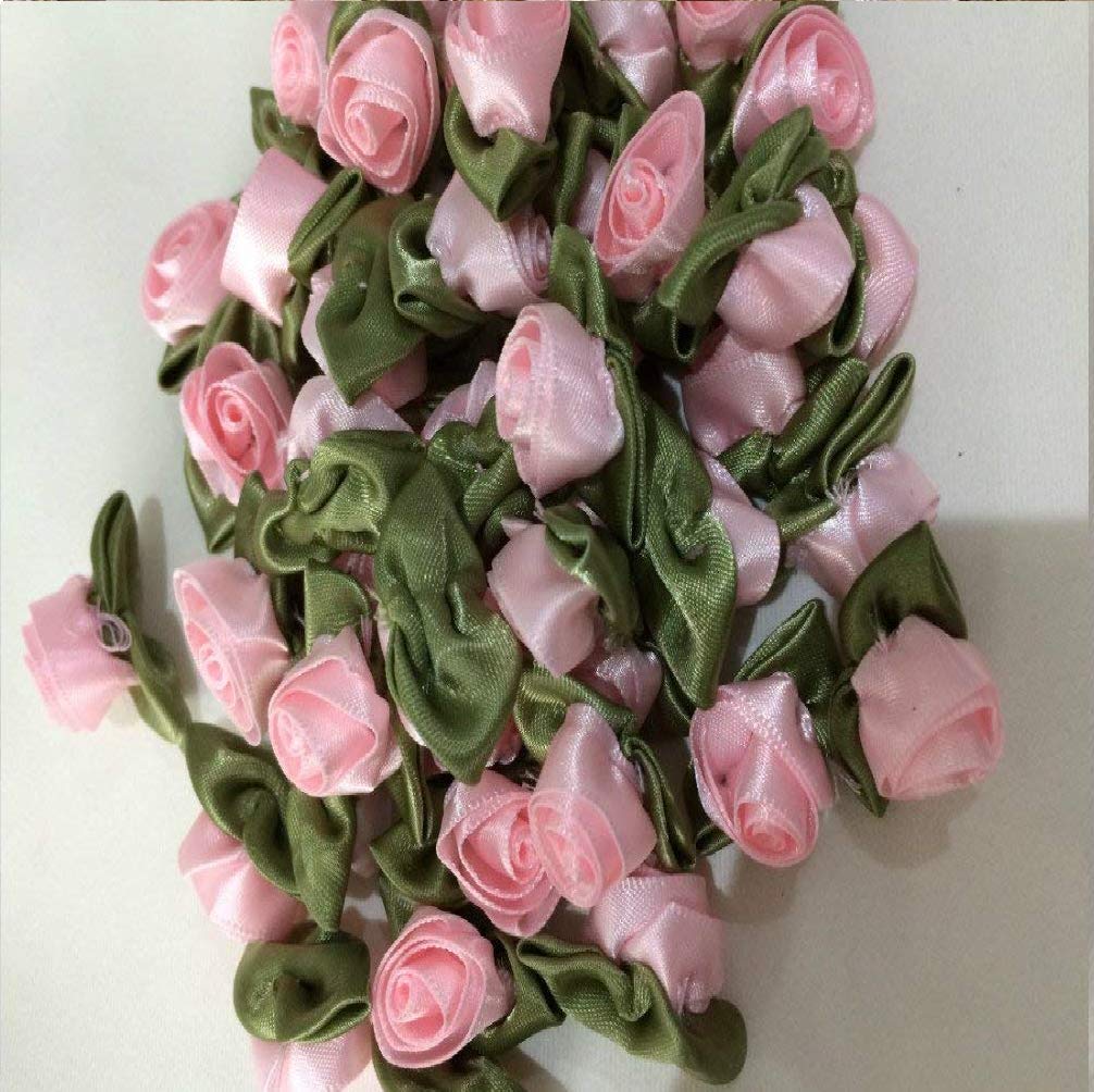Pink (117) Large Satin Ribbon Roses Buds Embellishments - 20 per pkt