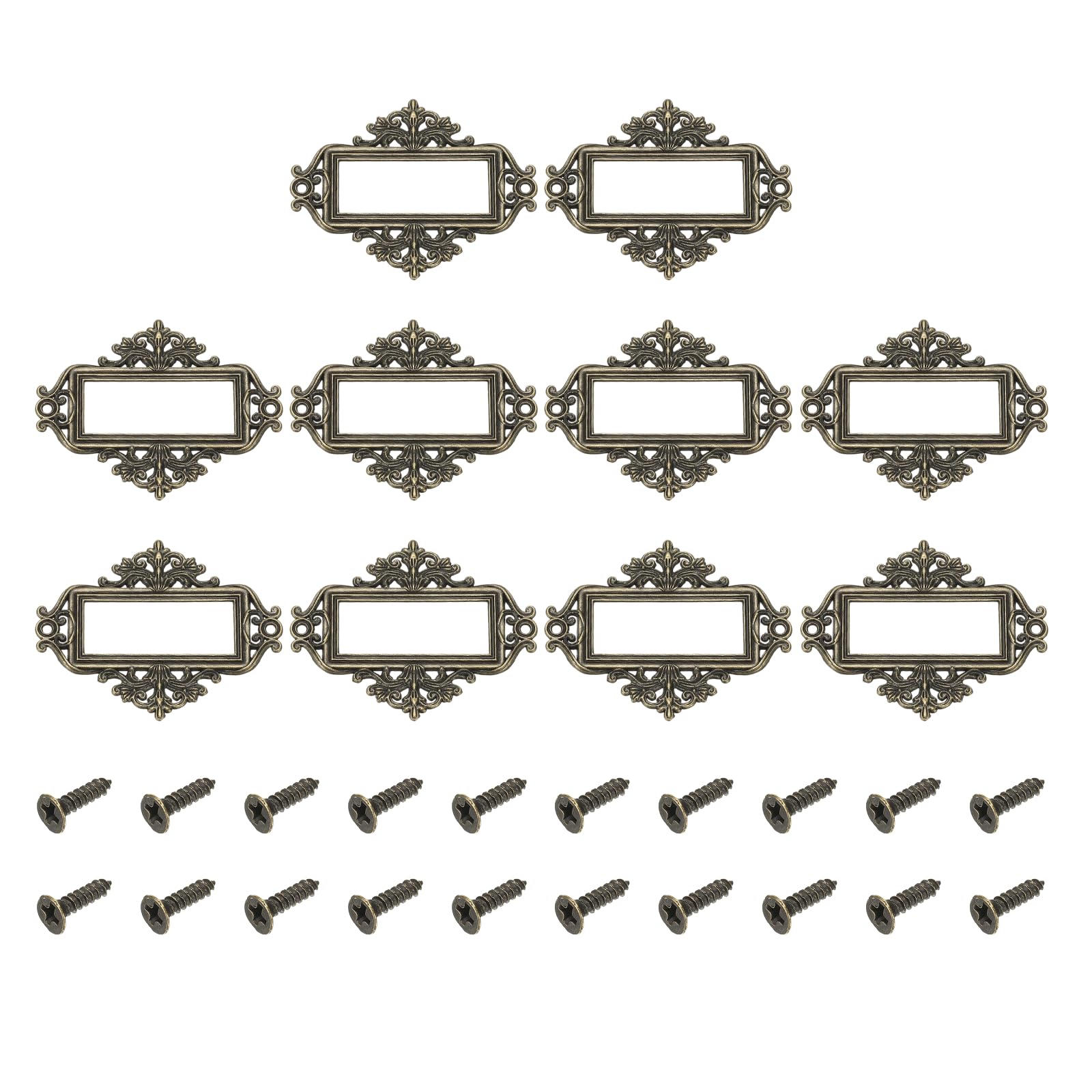sourcing map 10 Pcs Metal Label Holder, 5.5x4.3cm Small Vintage Card Frame Tag Floral Lace Label Holder with Screws for File Boxes Drawers Door Cabinet Book Shelves, Bronze Green โ image 1