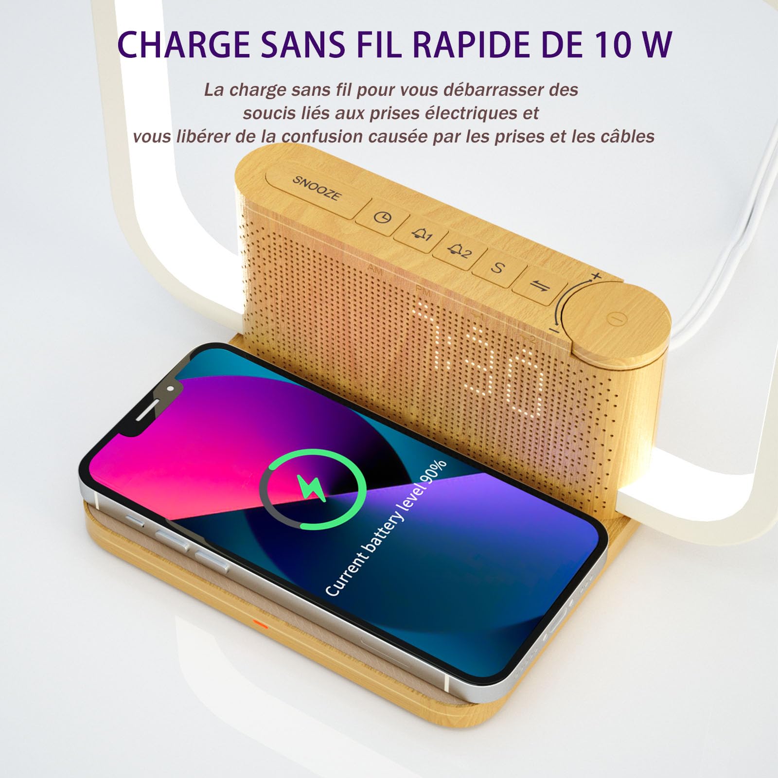 blonbar Simulateur d'Aube Réveil Lumineux, 3 Niveaux de Luminosité Tactile, Lampe de Chevet avec Chargeur Sans Fil Qi, Fonction Veilleuse et Sons d'Apaisement pour Adultes et Bébés