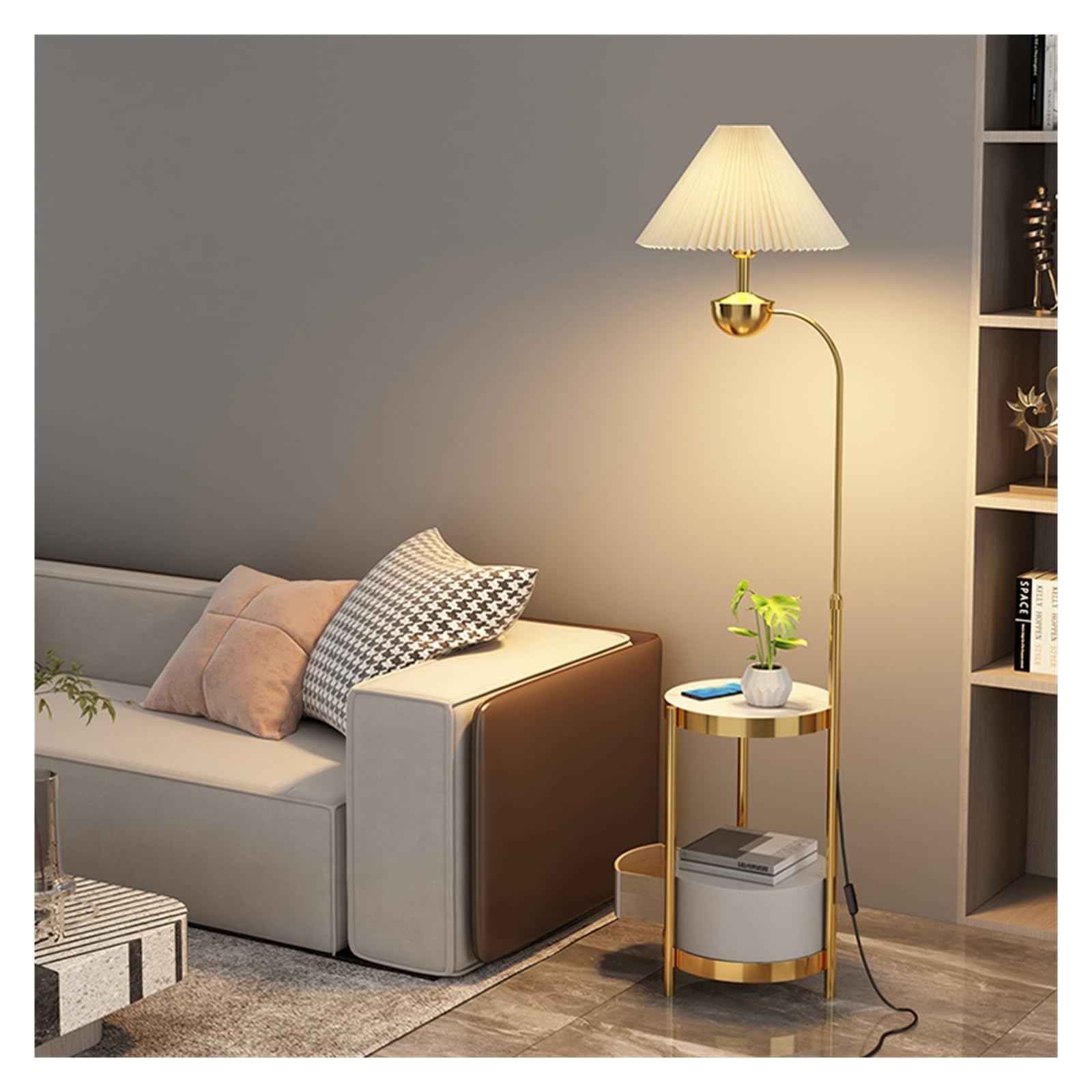 LJHFG63KUYT Standing Lamps Floor Lamp with Table, Narrow End with Lamps Attached with USB Ports Bedside Nightstand Decorate(White)