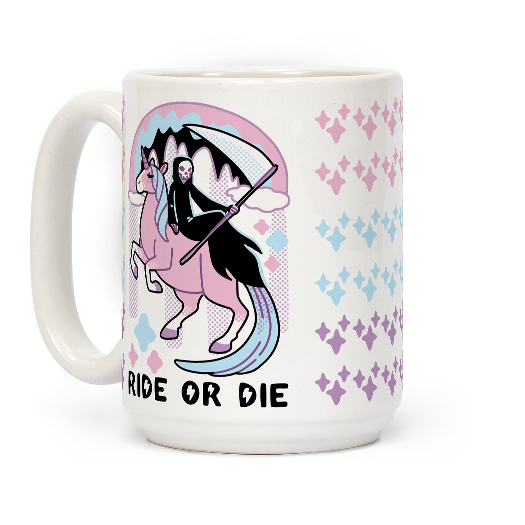 LookHUMAN Ride or Die - Grim Reaper and Unicorn White 15 Ounce Ceramic Coffee Mug