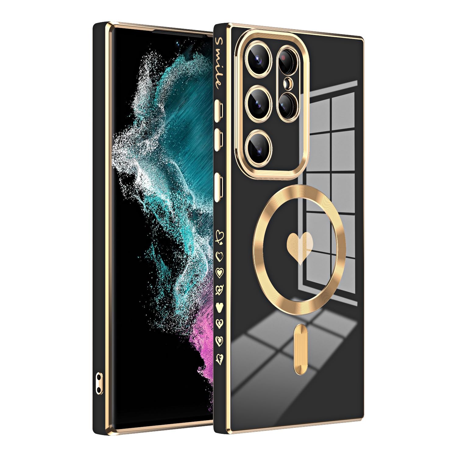 Coque Magnétique pour Samsung Galaxy S24 Ultra/S24 Plus/S24, Caméra Lentilles Protection Etui, Luxe Galvanisé Mince Lisse TPU Souple Housse,Black1,S24