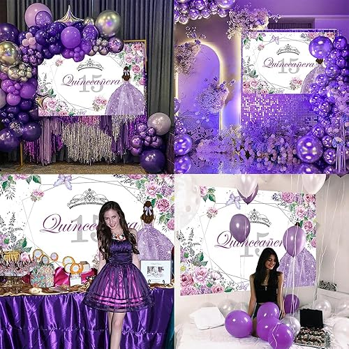 Miniatura 3 de Telón de fondo de cumpleaños de quinceañera con flores moradas y mariposas para cumpleaños de 15 años, fondo de fotografía para niñas, decoración de
