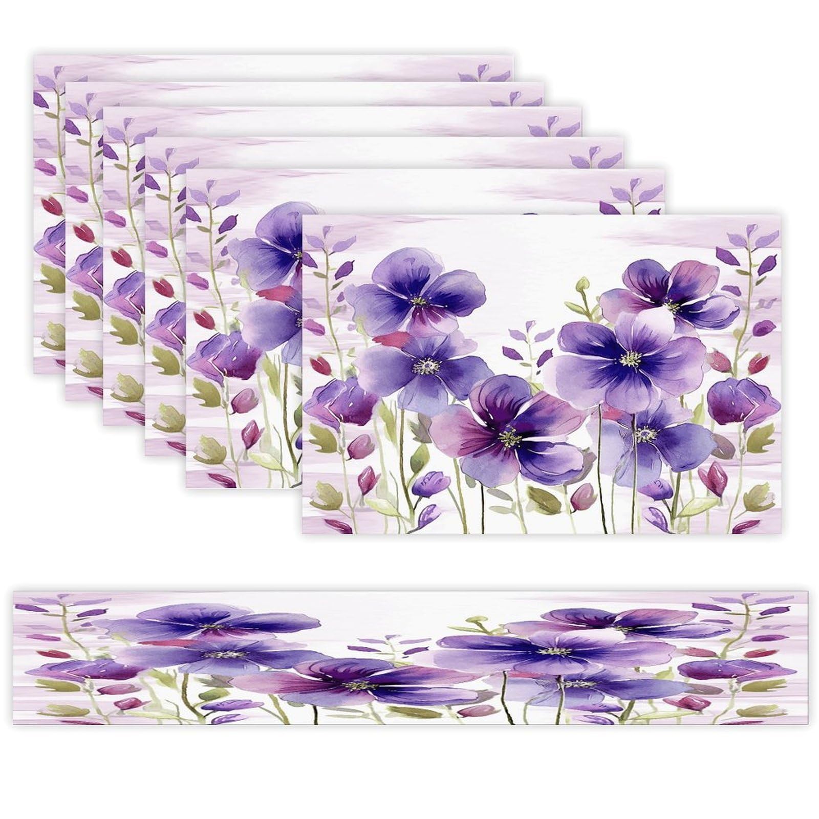 Watercolor Purple Flowers Table Runner and Placemats of 6 Washable Heat Resistant Place Mats with Table Runner Vintage Holiday Table Mat Set for Holiday Party Kitchen Dining Deco
