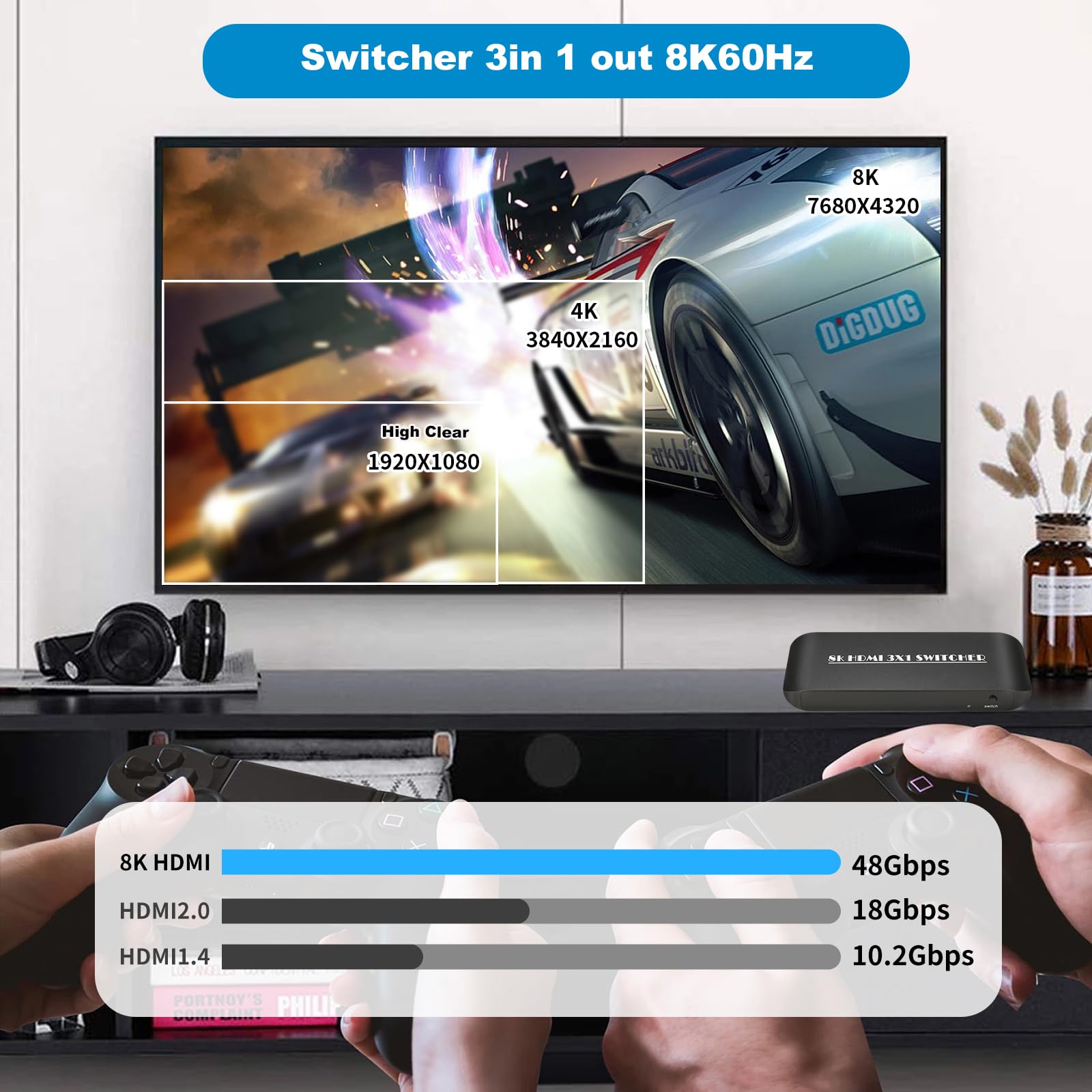 HDMI-Umschalter, 8K/60 Hz, 4K/120 Hz HDMI-Splitter, 3-in-1-Ausgang, HDMI-Umschalter, Unterstützt HDCP 2.3, LPCM7.1, DTS-HD, Dolby-True HD, DTS-X, Dolby Atoms