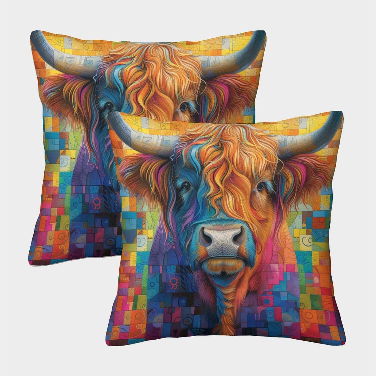 Nraopevvd Style Highland Cattle Cushion Cover Set Of 2 Decorative Machine Washable Pillowcases Square Cushions With Invisible Zipper Cushion Covers For Sofa Car Bed Outdoor Decor Throw Pillow Case 40X40cm
