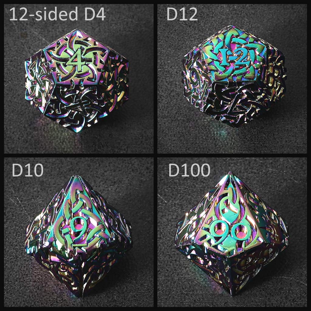 Lot de 7 dés en métal polyédrique arc-en-ciel avec nœuds celtiques extra lourds extra larges pour DND DnD5e TTRPG Dés de table RPG Dés Bard Sorcier Magicien