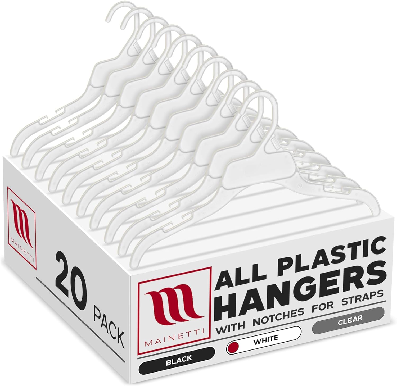 Mainetti Kids White Plastic Clothes Hangers 20 Pack | 15-Inch Toddler Hangers with Notches for Straps | Space Saving and Ideal for Shirts, Tops, Dresses, Sweaters and More (472PWS20)