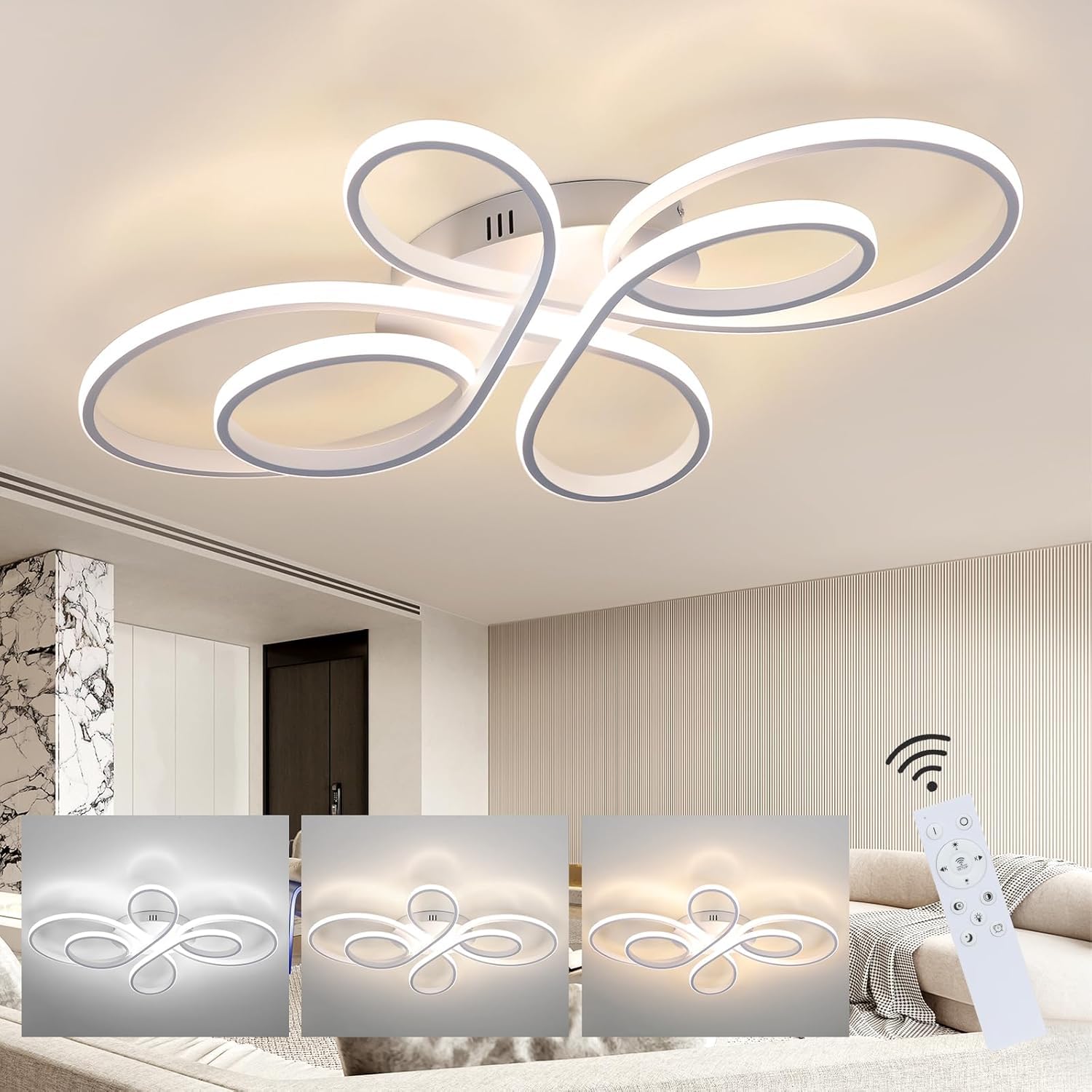 ZMH Deckenlampe LED Deckenleuchte Wohnzimmer - Wohnzimmerlampe dimmbar Groß 100cm 90W Modern in Weiß Schlafzimmerlampe Deckenbeleuchtung Schlafzimmer mit Fernbedienung Design für Esszimmer Küche Büro