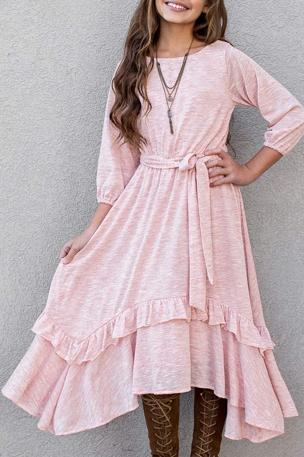 MITILLY Girls Loose Plain 3/4 Sleeve Casual Pocket Ruffle Swing Long Maxi Dress with Belt - Image 5