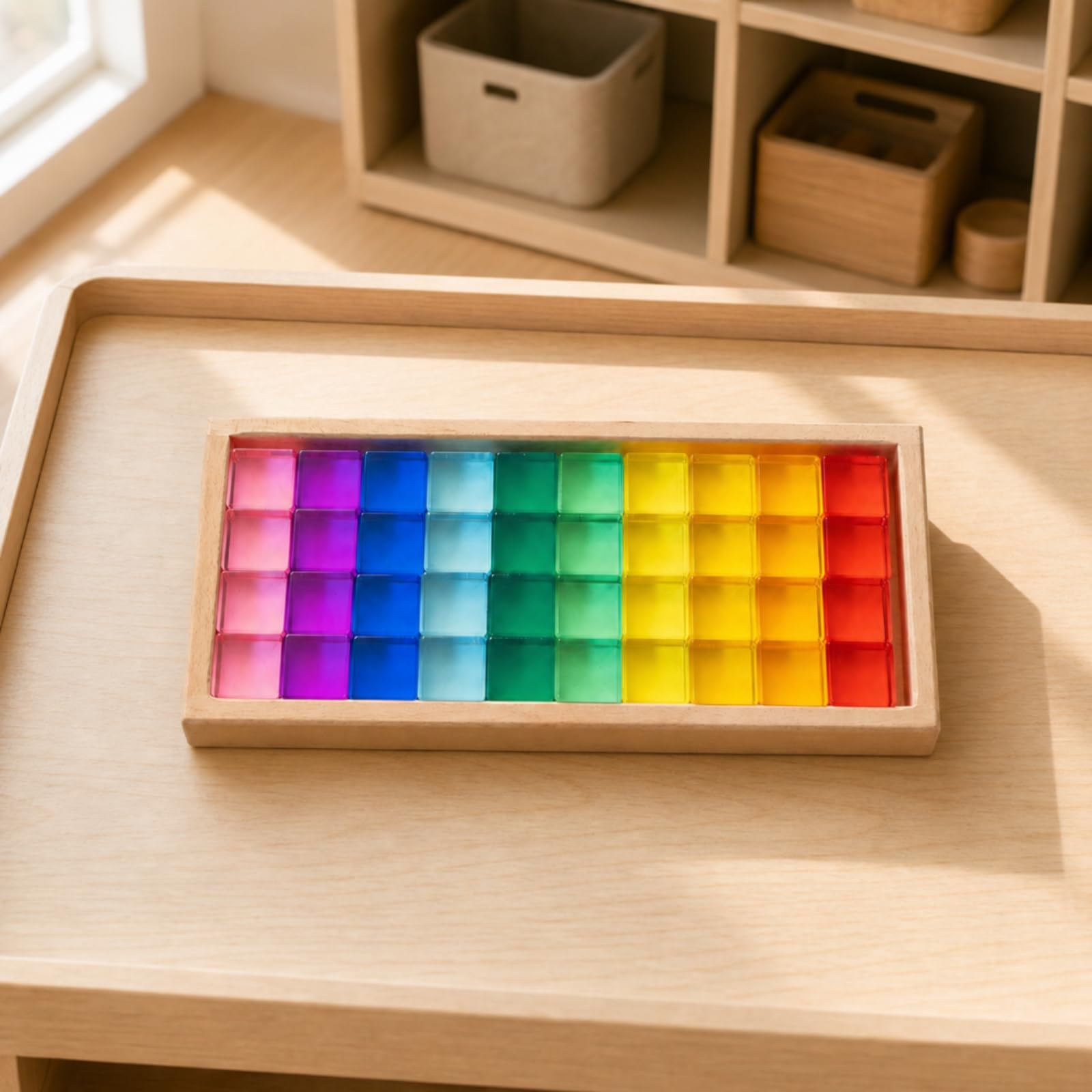 40 Pezzi Sensoriali in Acrilico Sensoriale Blocchi da Costruzione con Vassoio in Legno Traslucido Gioclo Educativo per Area Giochi